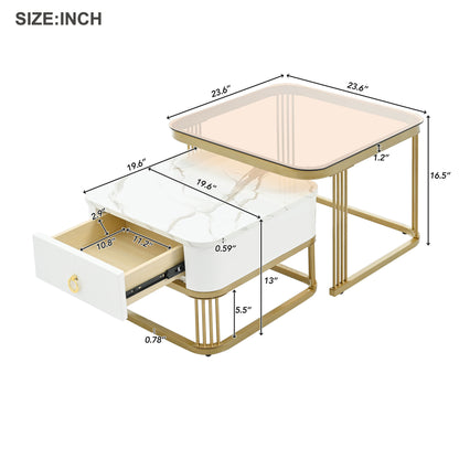 ON-TREND Nesting Coffee Table with Drawer, Set of 2, Exquisite Square Stacking Coffee Tables with Brown Tempered Glass, Side Table with High Gloss Marble Grain Tabletop for Living Room, White