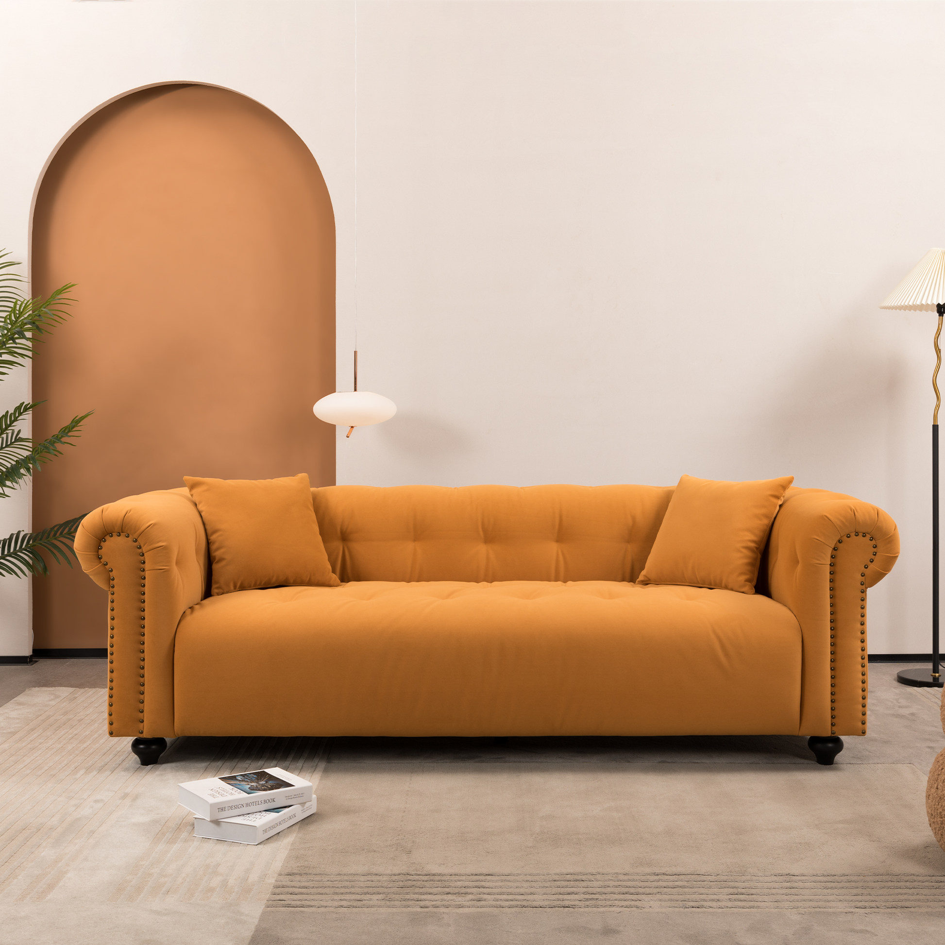 WKS12 Retro medieval style sofa, orange, full installation only needs to install feet can be used, with 2 throw pillows