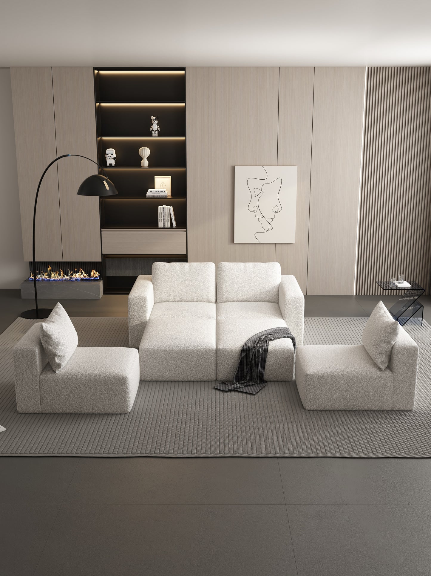 104.32*74.8 Modular Sectional Sofa Sleeper Couch, Sectional Sofa with Chaise and Ottoman, Convertible U Shaped Modular Sofa Set. Compressed sponge, White. (Combo 2A+2B+2D)