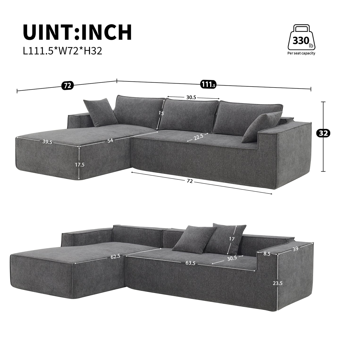 [VIDEO provided][New]111.5*72"Minimalist Style Modular Sectional Sofa,Wrinkle-resistant Chenille Couch Set,L-Shaped Sleeper Sofa Bed for Living Room,2 PIC Free Combination,No Assembly Require,3 Colors