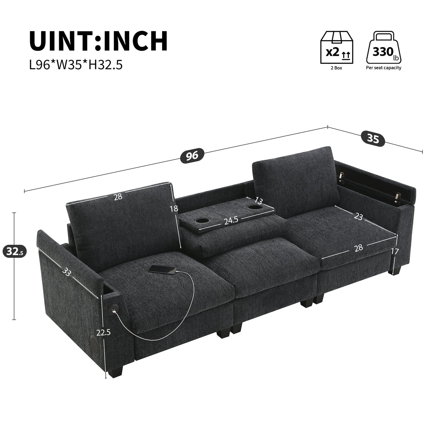 96*35''Chenille Sectional Sofa with Bluetooth Speaker,Comfy Cloud Couch Set with Drop Down Table,Cup Holders,USB Charger,Storage Armrest,Wide Seat Sofa for Living Room,Apartment,Office,3 Colors