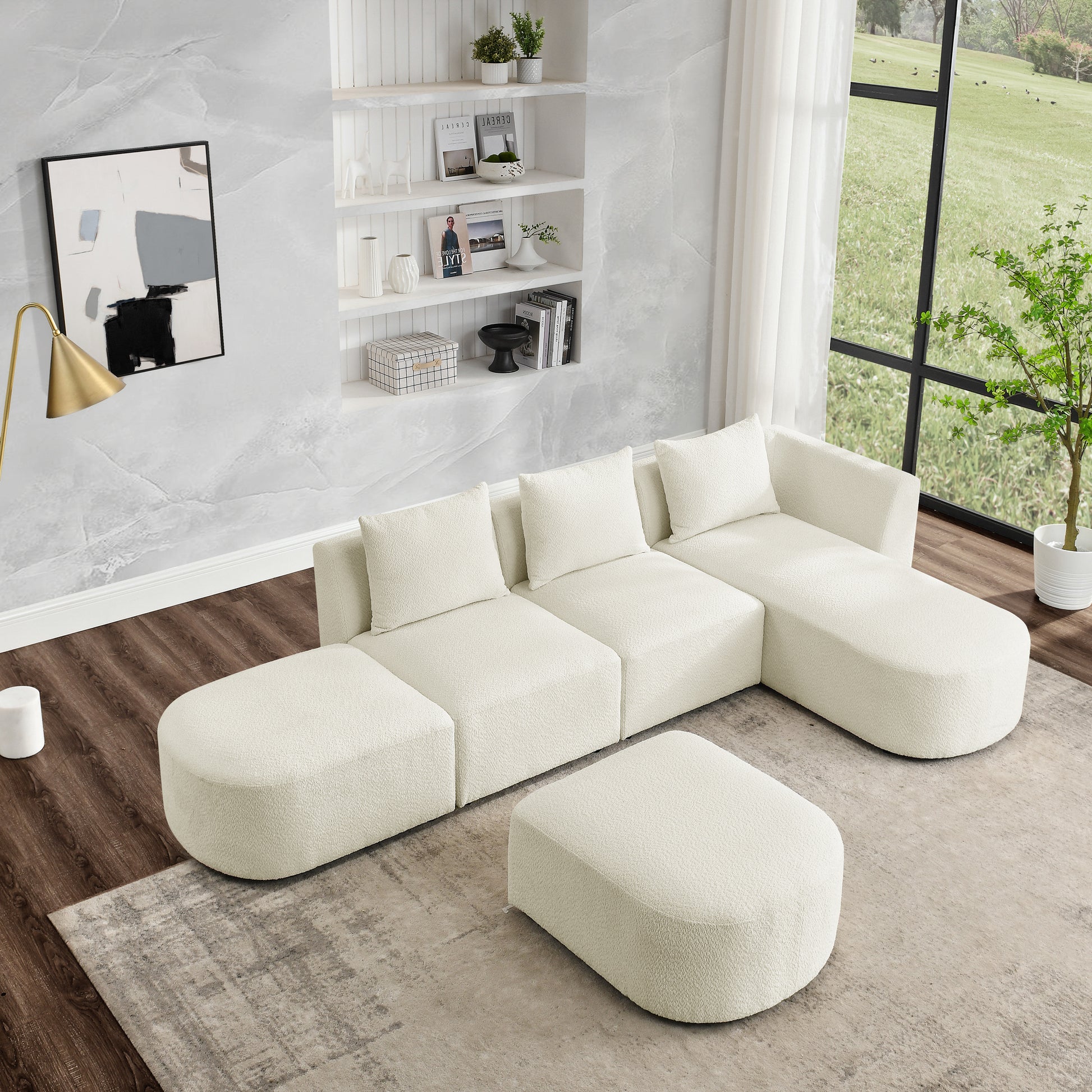 L Shape Sectional Sofa with Right Side Chaise and Ottoman, Modular Sofa, DIY Combination, Loop Yarn Fabric, Beige