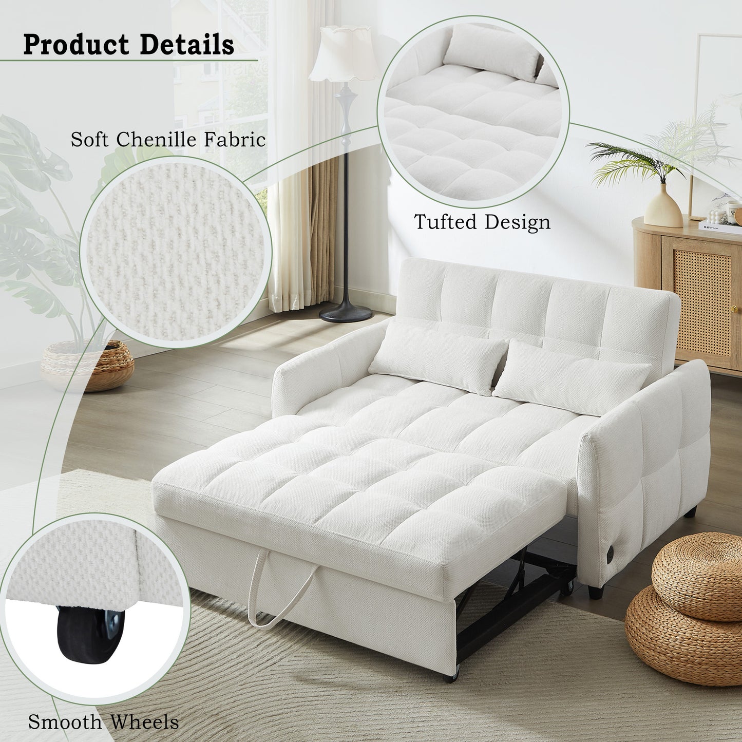 52.8" Loveseat Sofa Pull-out Sofa Bed Tufted Sleeper Sofa with an Adjustable Backrest, Three USB Ports and Two Lumbar Pillows for Living Room, Beige