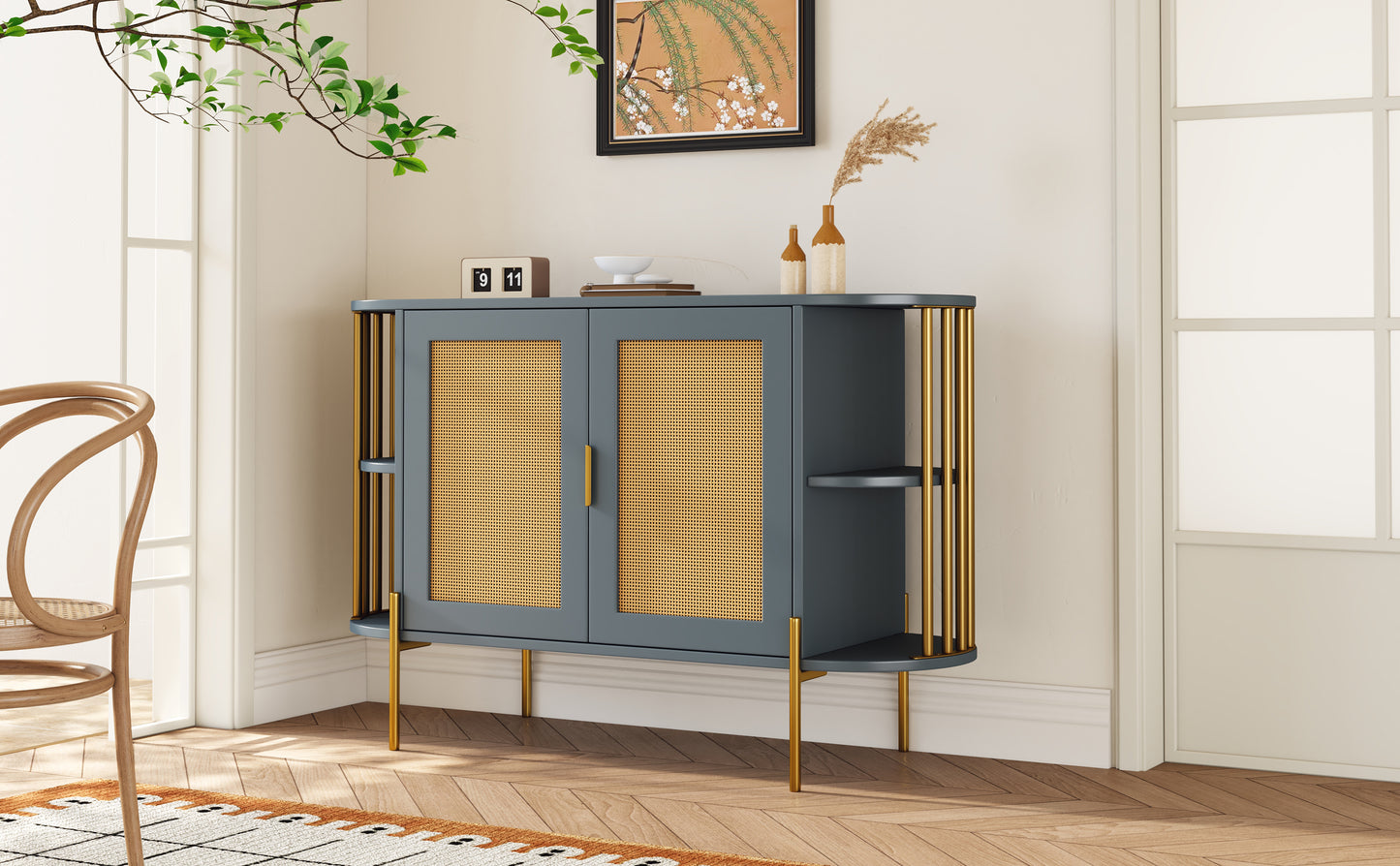 TREXM 2-Door Elegant Curved Dining Cabinet with Gold Trim and Woven Rattan Doors for Dining Room (Dark Gray)