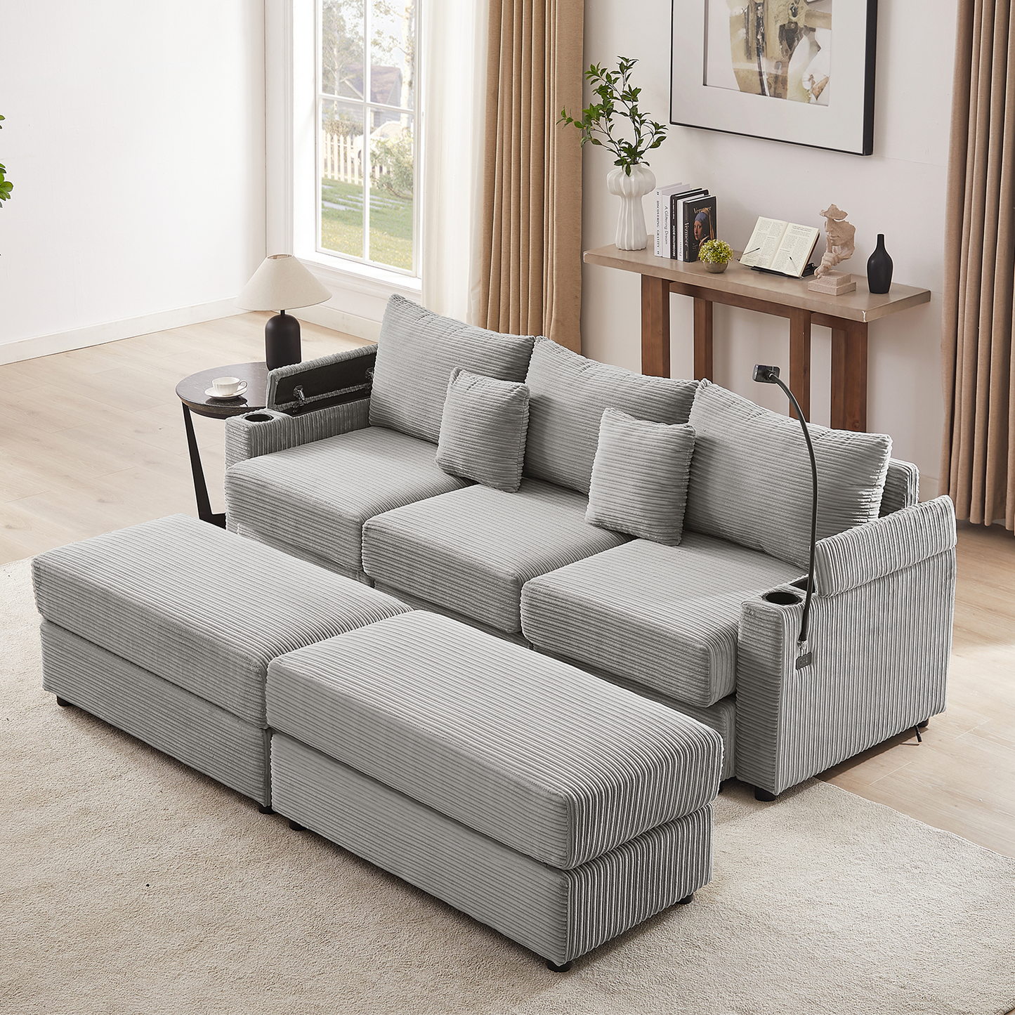 95.3" Modern Style 3-Seater Sofa Sectional Sofa Couch with Storage Space, Two Movable Ottomans, Two USB Ports, Two Cup Holders, A Phone Holder for Living Room, Grey