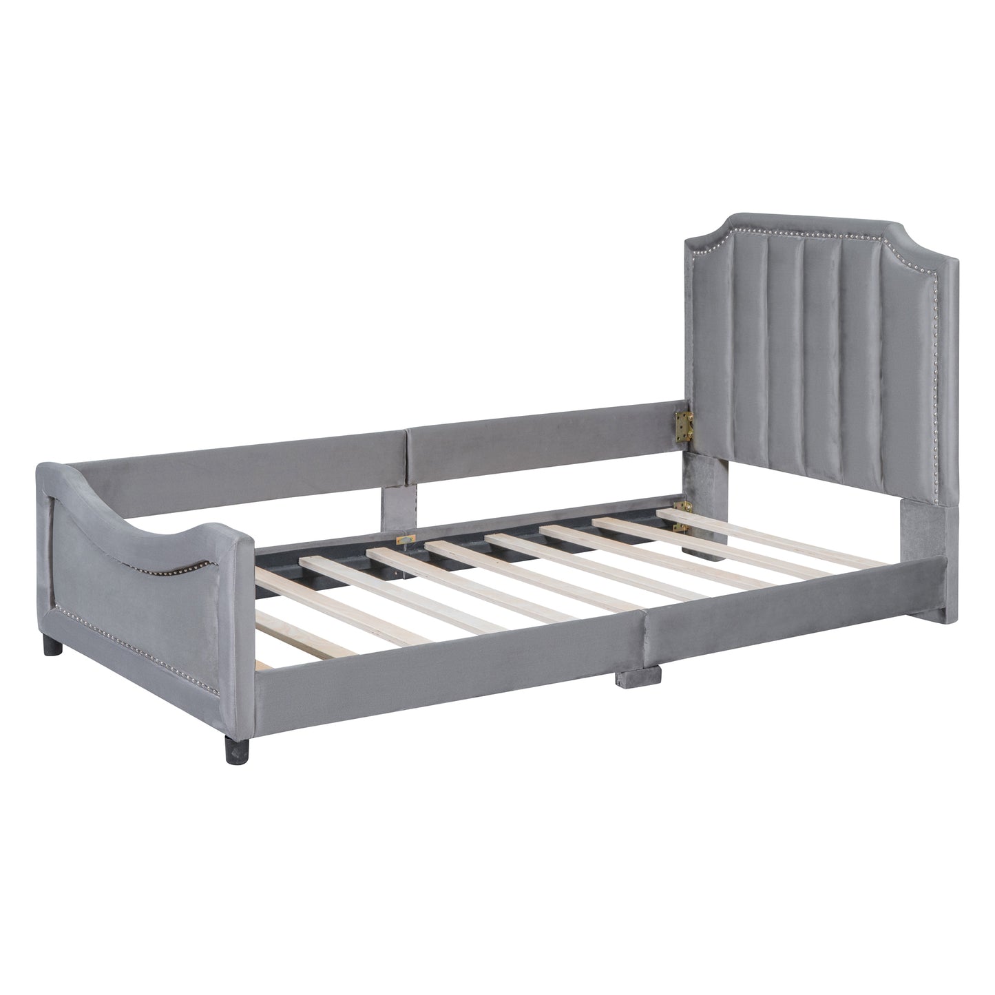 Twin Size Upholstered Daybed with Classic Stripe Shaped  Headboard, Gray