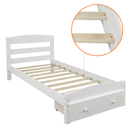 Platform Twin Bed Frame with Storage Drawer and Wood Slat Support No Box Spring Needed, White