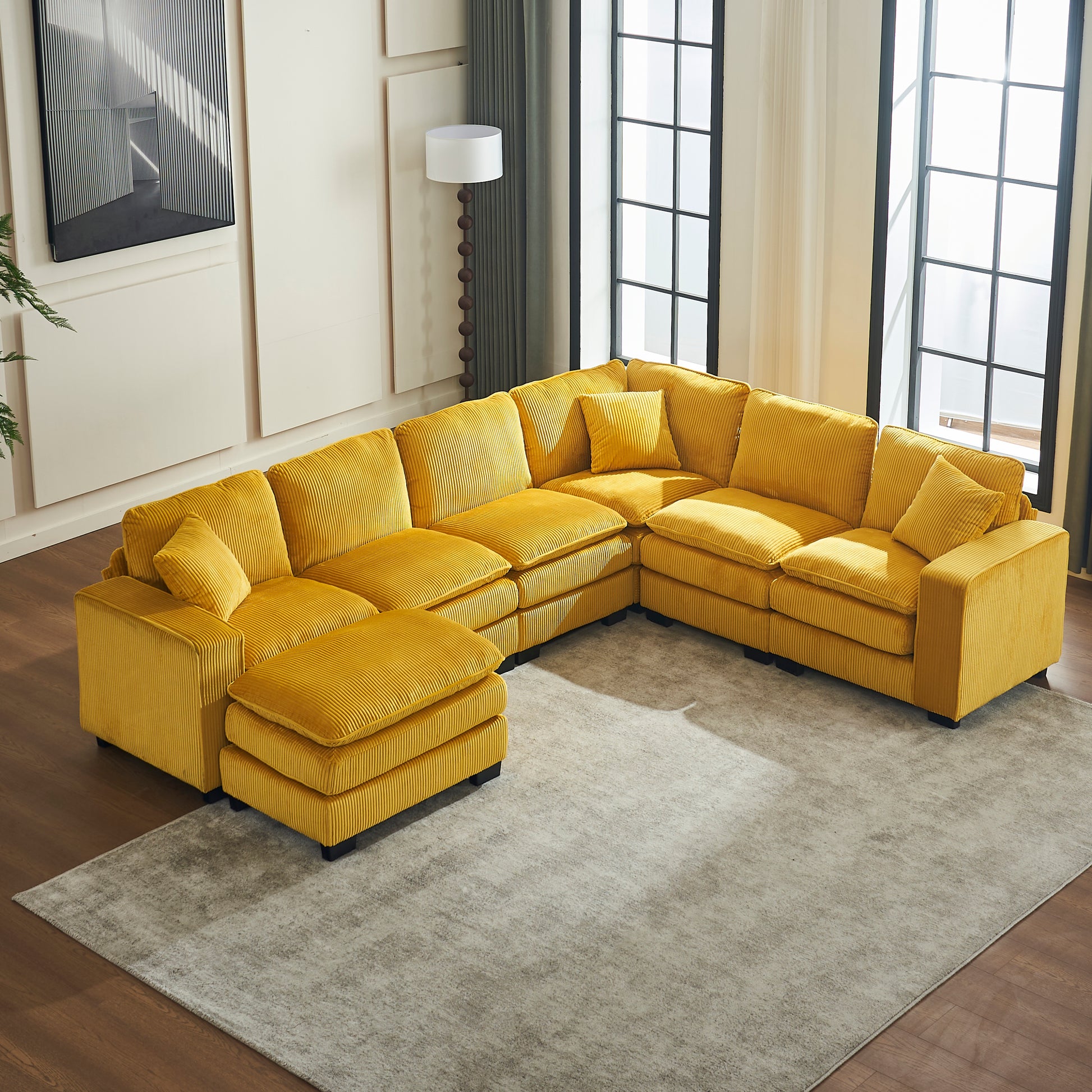 Modern U Shaped 6-seat Sectional Sofa Couch with one Ottoman and three toss pillows ,Modular Sofa for Living Room,Corduroy sofa