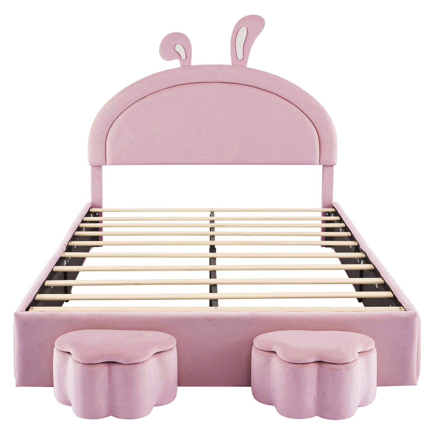 Full size Upholstered Rabbit-Shape Bed with 2 Storage Stools, Velvet Platform Bed with Cartoon Ears Shaped Headboard, Pink