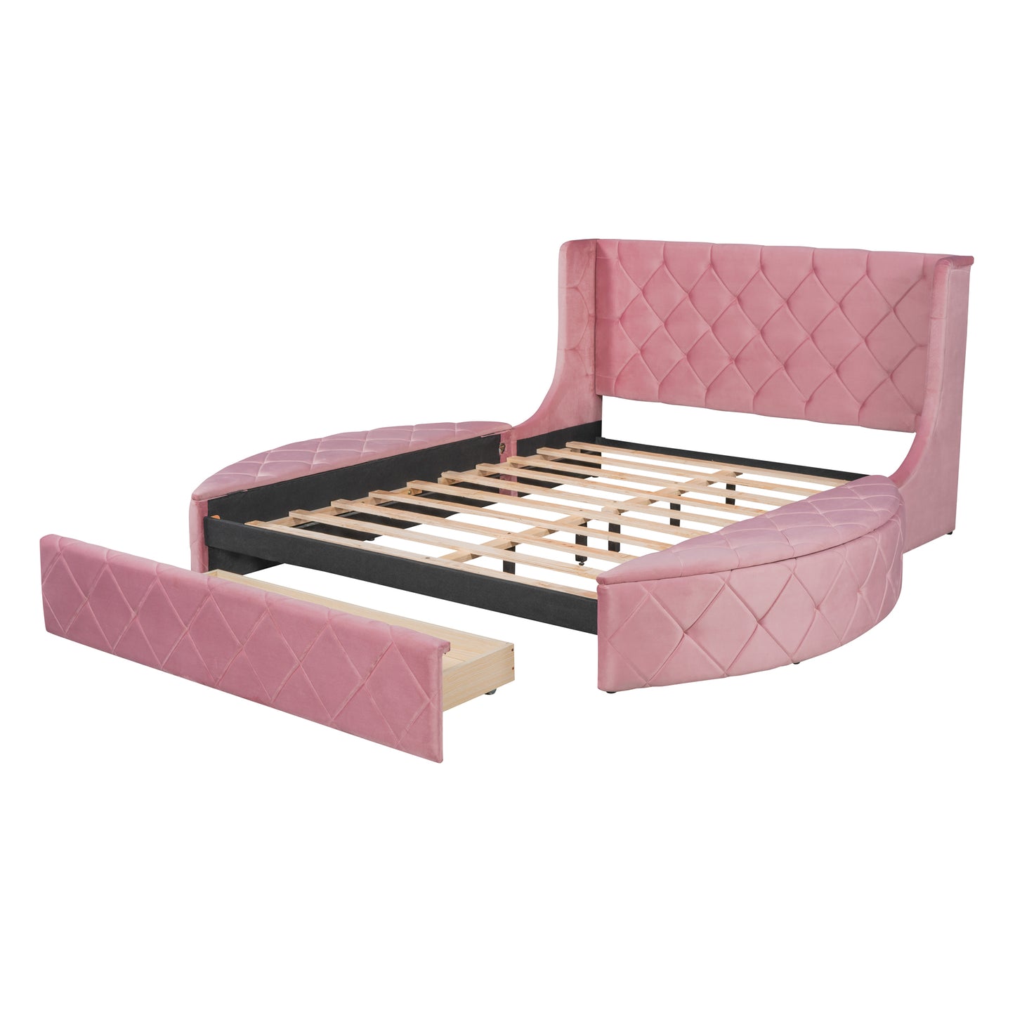 Upholstered Platform Bed Queen Size Storage Velvet Bed with Wingback Headboard and 1 Big Drawer,2 Side Storage Stool(Pink)