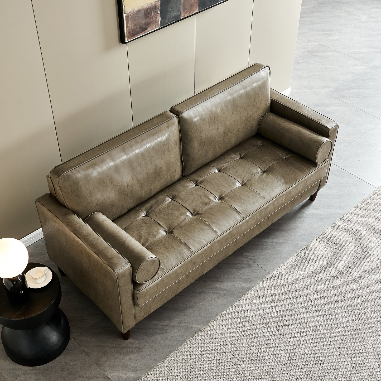 Modern Mid-Century Vegan Leather Sofa （Khaki）