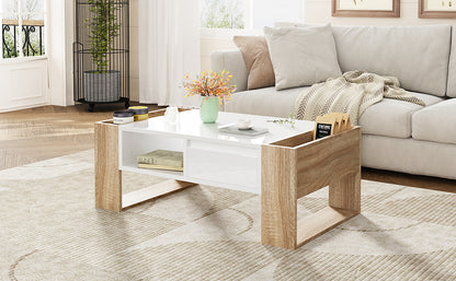 ON-TREND High Glossy Coffee Table with 2 Drawers, Practical Two Tone Center Table with Hidden Compartments, Rectangle Cocktail Table with Open Storage Shelf for Living Room, Bedroom, White, 41.3*23.6"