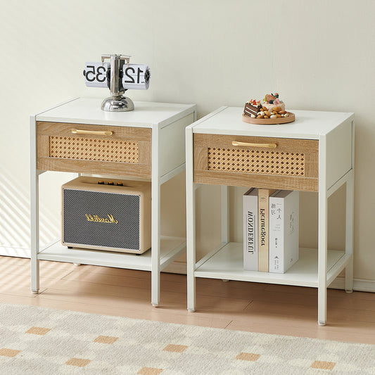 Set of 2, 15.74" Rattan End table with  drawer, Modern nightstand, metal legs,side table for living room, bedroom,white