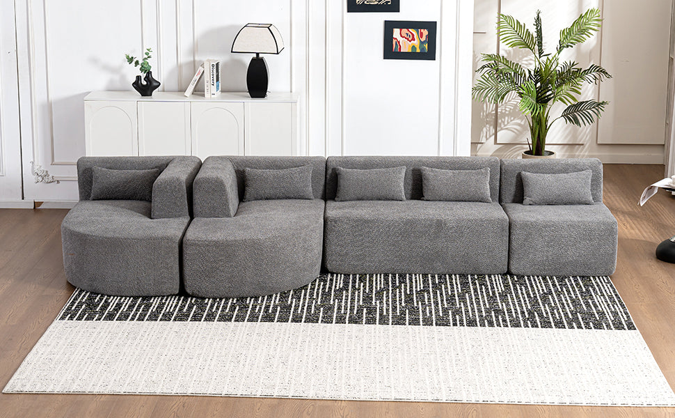 143.7" Upholstered Sofa Free-combined Sofa Couch with Two Chaise Lounge and Five Back Pillows for Living Room, Light Gray