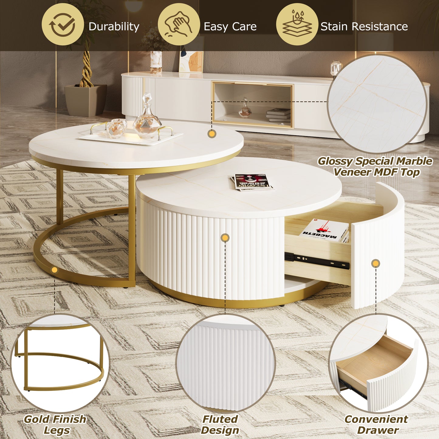 Modern Round Nesting Coffee Table Fluted with Drawer in White & Gold in 31.5''