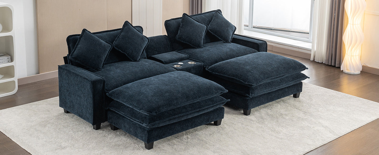 112.6" Sectional Sofa Chenille Upholstered Sofa with Two Removable Ottoman, Two USB Ports, Two Cup Holders and Large Storage Box for Living Room, Blue