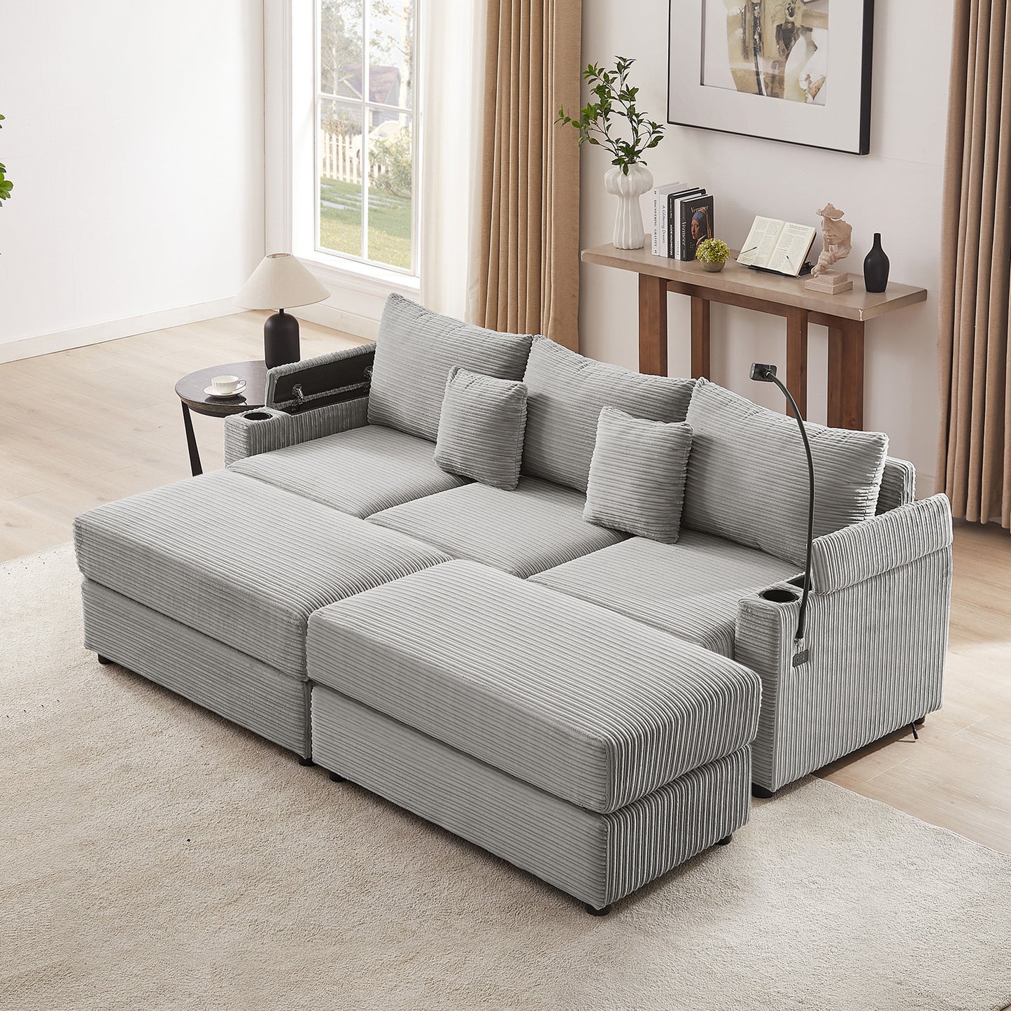 95.3" Modern Style 3-Seater Sofa Sectional Sofa Couch with Storage Space, Two Movable Ottomans, Two USB Ports, Two Cup Holders, A Phone Holder for Living Room, Grey