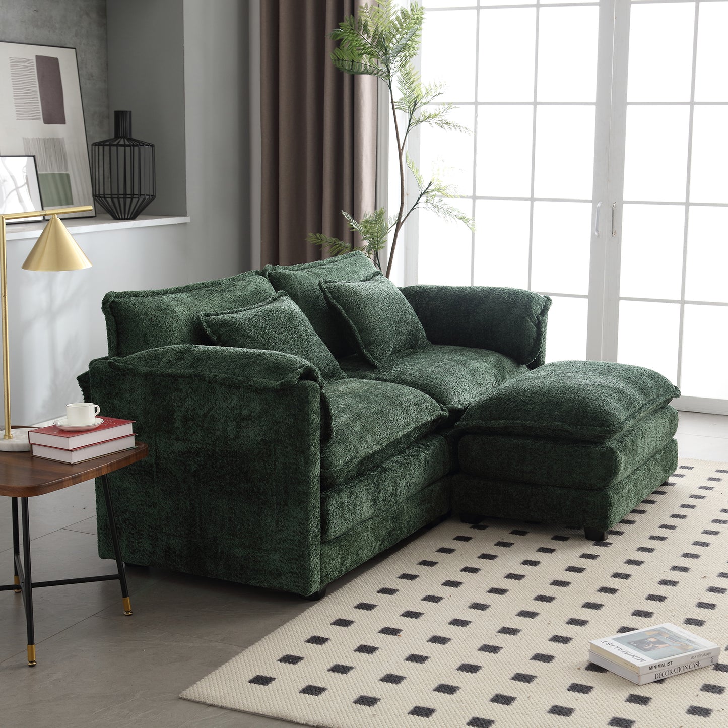 UNITED WE WIN Chenille fabric, removable armrests with side pockets, high density sponge filling, oversized double sofa with footstool