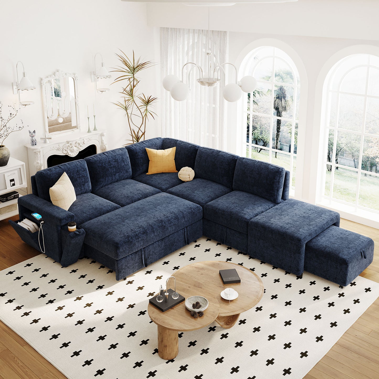 U_STYLE  L-shaped Padded Modular Sofa with Storage Space, USB Ports, and Cup Holders on the Armrests, Suitable for Living Rooms, Offices, and Apartments.