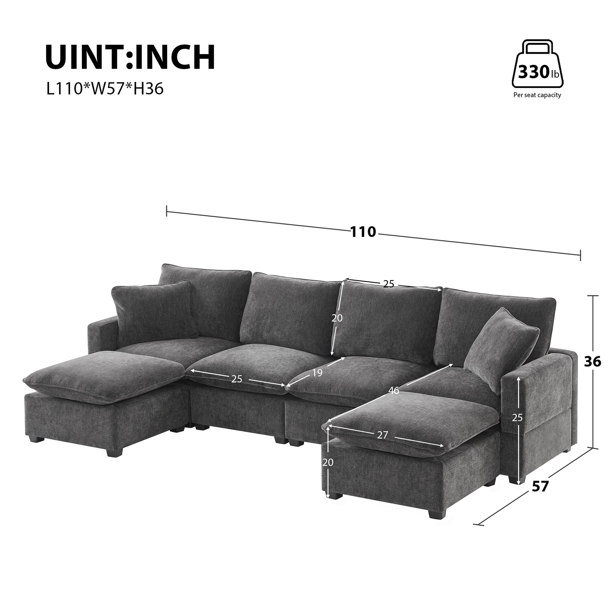 [VIDEO provided] [New] 110*57" Modern U Shape Modular Sofa, 6 Seat Chenille Sectional Couch Set with 2 Pillows Included, Freely Combinable Indoor Funiture for Living Room, Apartment, Office, 2 Colors