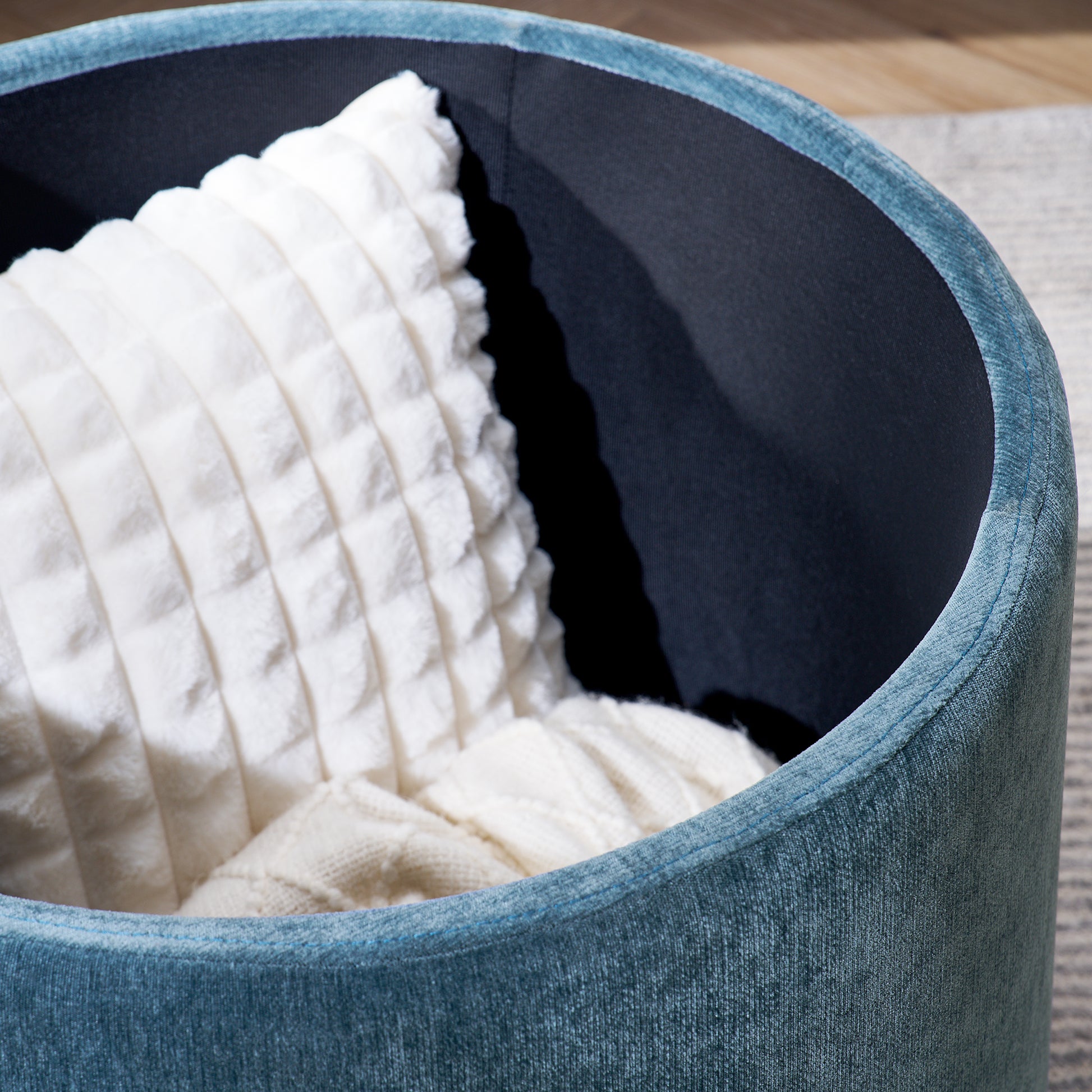 2-Piece Set Round Chenille Storage Ottoman, Equipped with a Drum Shaped Small Stool, Storage Space, and MDF Made Desktop Panel (Dark Blue23.62"x23.62"x16.53")