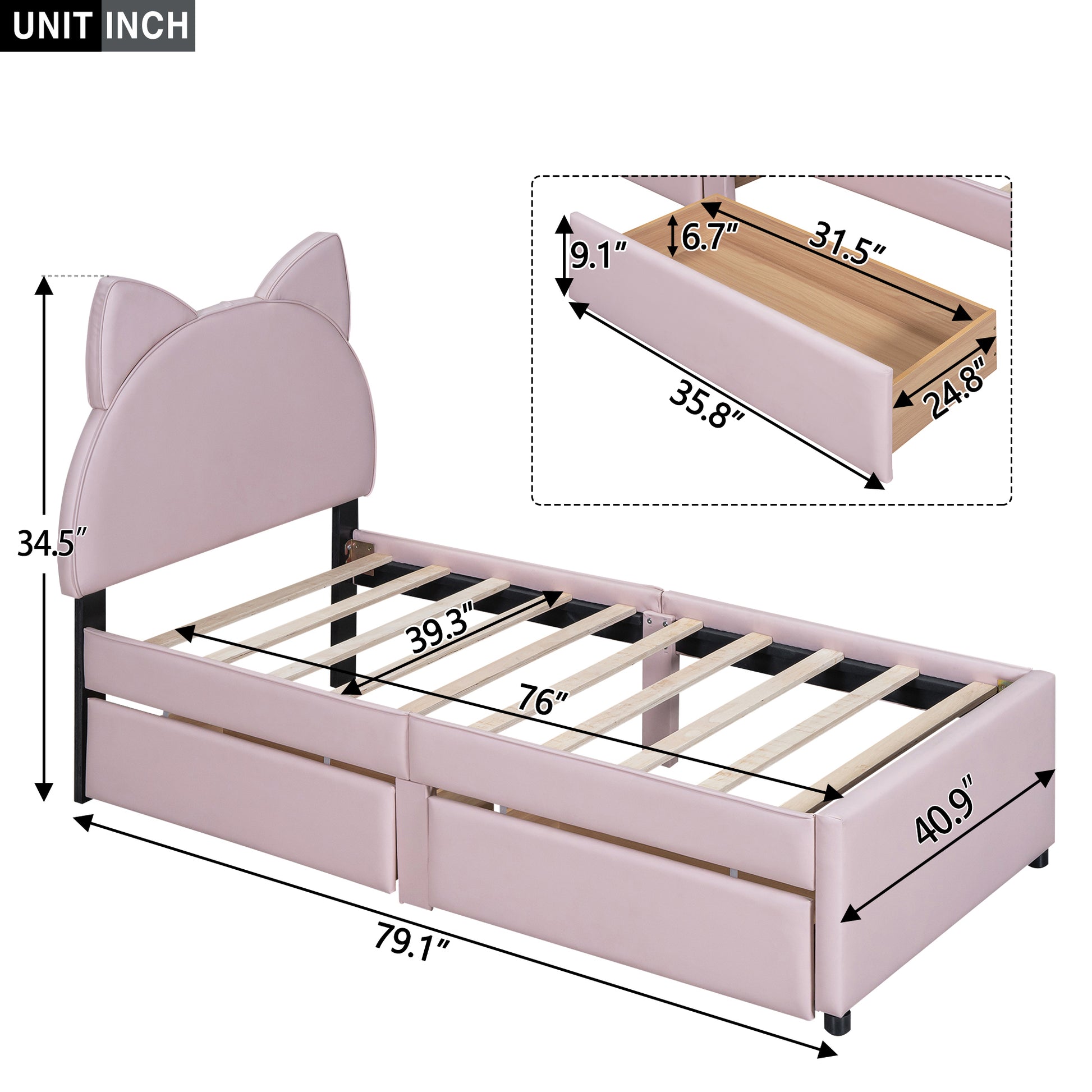 Twin Size Upholstered Platform Bed with Cartoon Ears Shaped Headboard and 2 Drawers, Pink