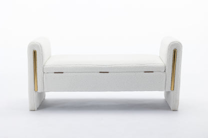 032-Teddy Fabric Storage Bench Bedroom Bench With Gold Metal Trim Strip For Living Room Bedroom Indoor,Ivory