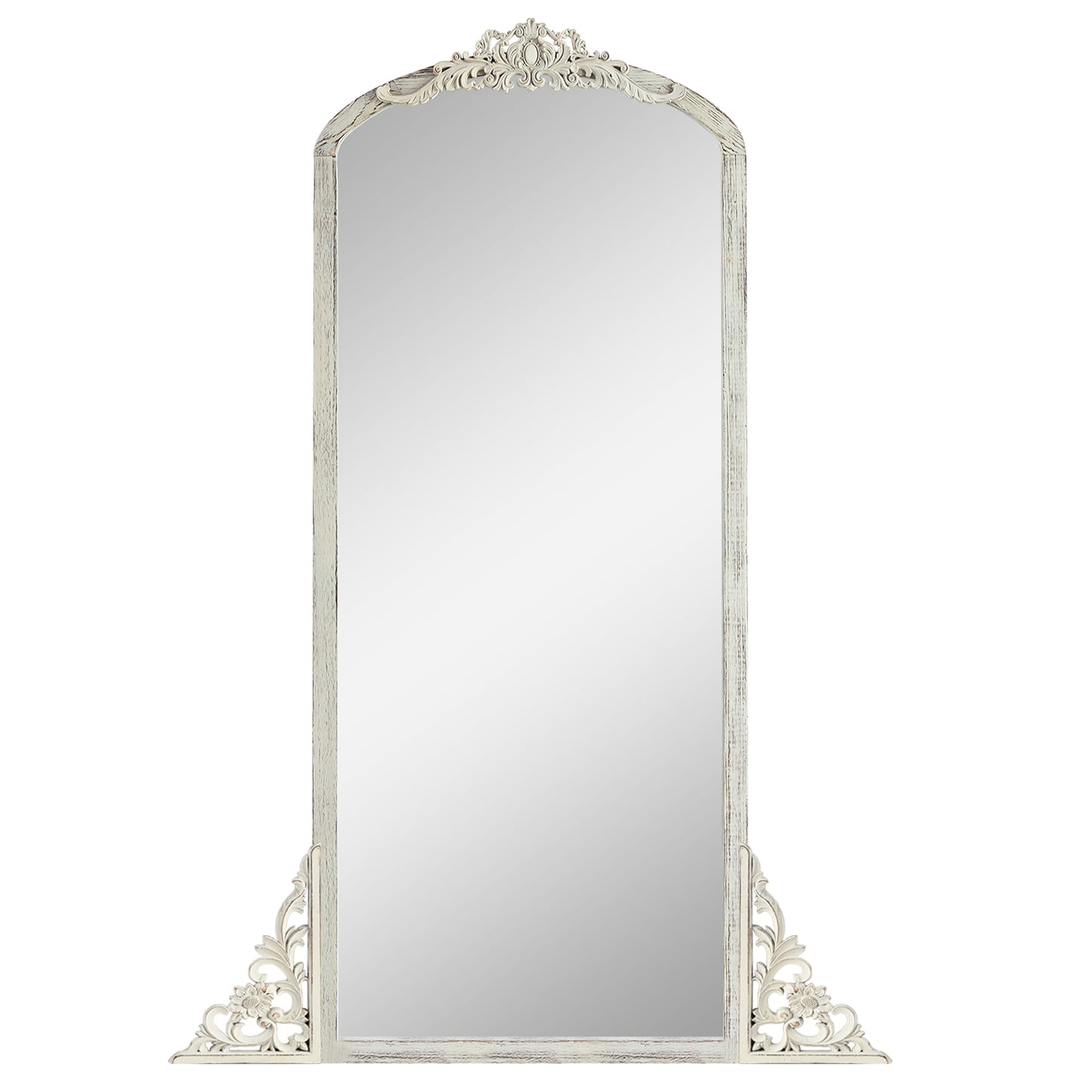 Solid wood carved right angle micro arch weathered white full-length mirror 67 * 28 * 1 inch Bathroom Vanity Mirror for Bedroom Entryway, Living/Dressing Room