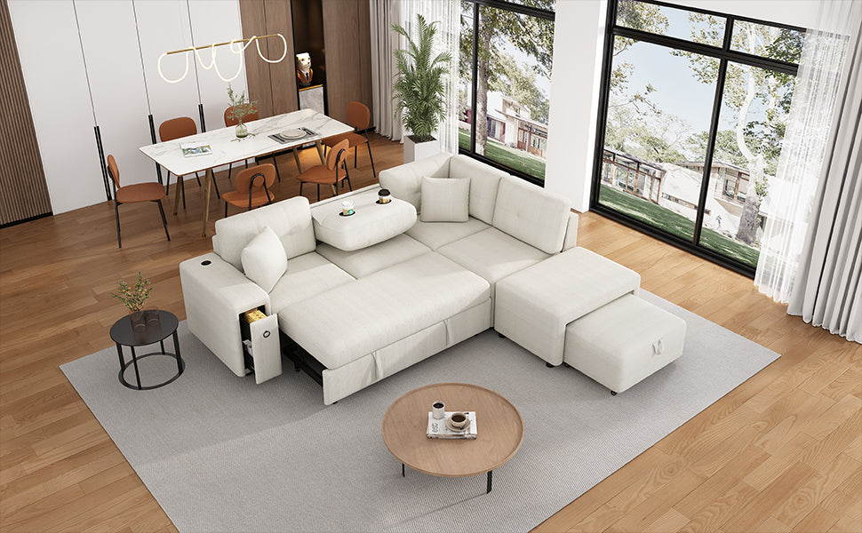 86.6" Sectional Sofa L-shaped Sofa Couch Pull-out Sofa Bed with a Movable Ottoman, Two USB Ports  and Two Cup Holders for Living Room, Beige