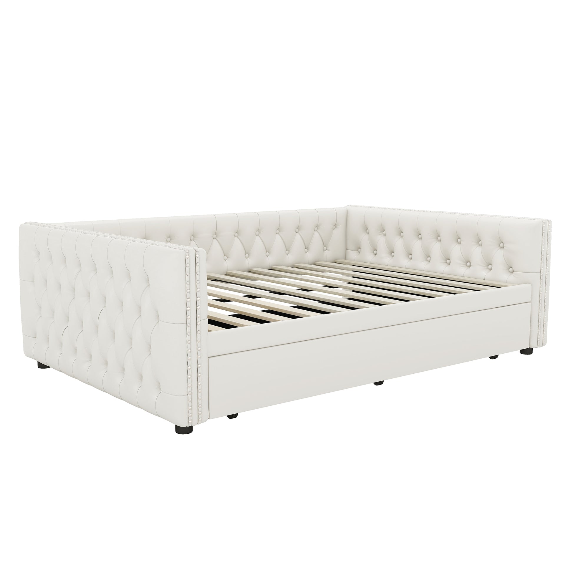 Full Size Daybed, Upholstered Tufted Sofa Bed with Trundle, Daybed with Button & Copper Nail on Square Arms, Full Daybed with Twin Trundle, White