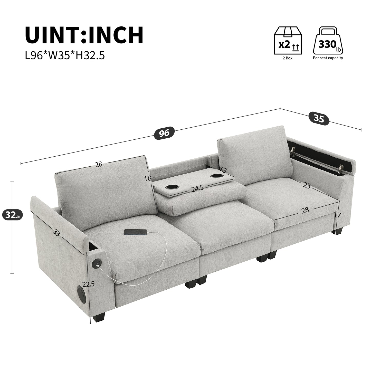 96*35''Chenille Sectional Sofa with Bluetooth Speaker,Comfy Cloud Couch Set with Drop Down Table,Cup Holders,USB Charger,Storage Armrest,Wide Seat Sofa for Living Room,Apartment,Office,3 Colors