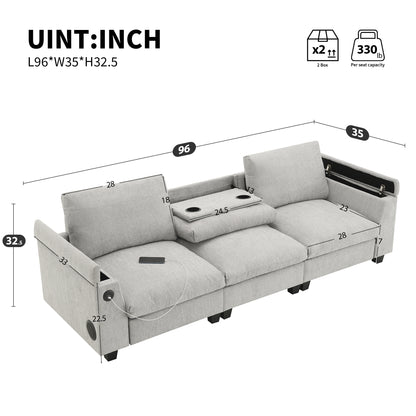 96*35''Chenille Sectional Sofa with Bluetooth Speaker,Comfy Cloud Couch Set with Drop Down Table,Cup Holders,USB Charger,Storage Armrest,Wide Seat Sofa for Living Room,Apartment,Office,3 Colors