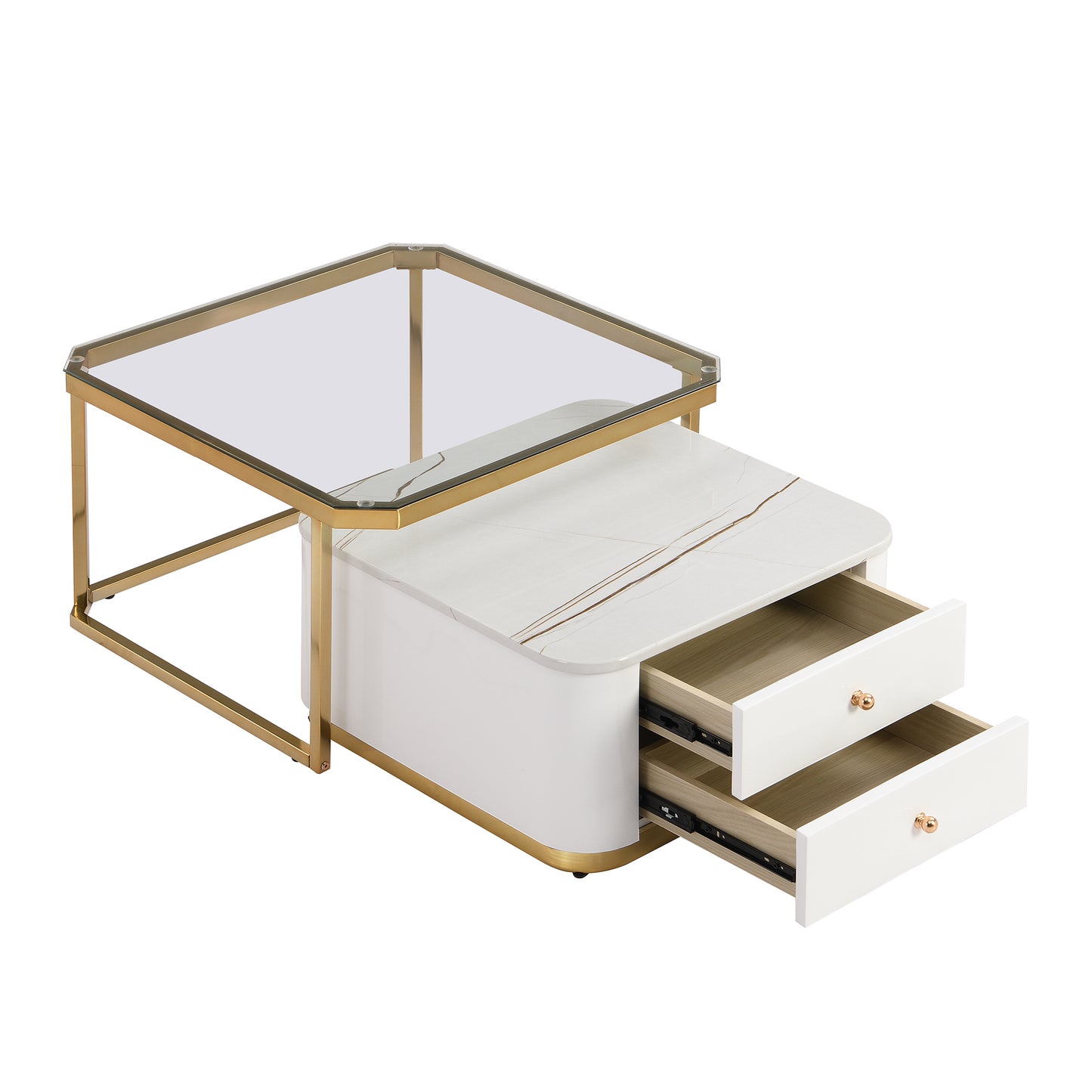 Modern 2 Pieces White  Square Nesting  Coffee Table with Drawers & Electroplated gold legs in 27.6''