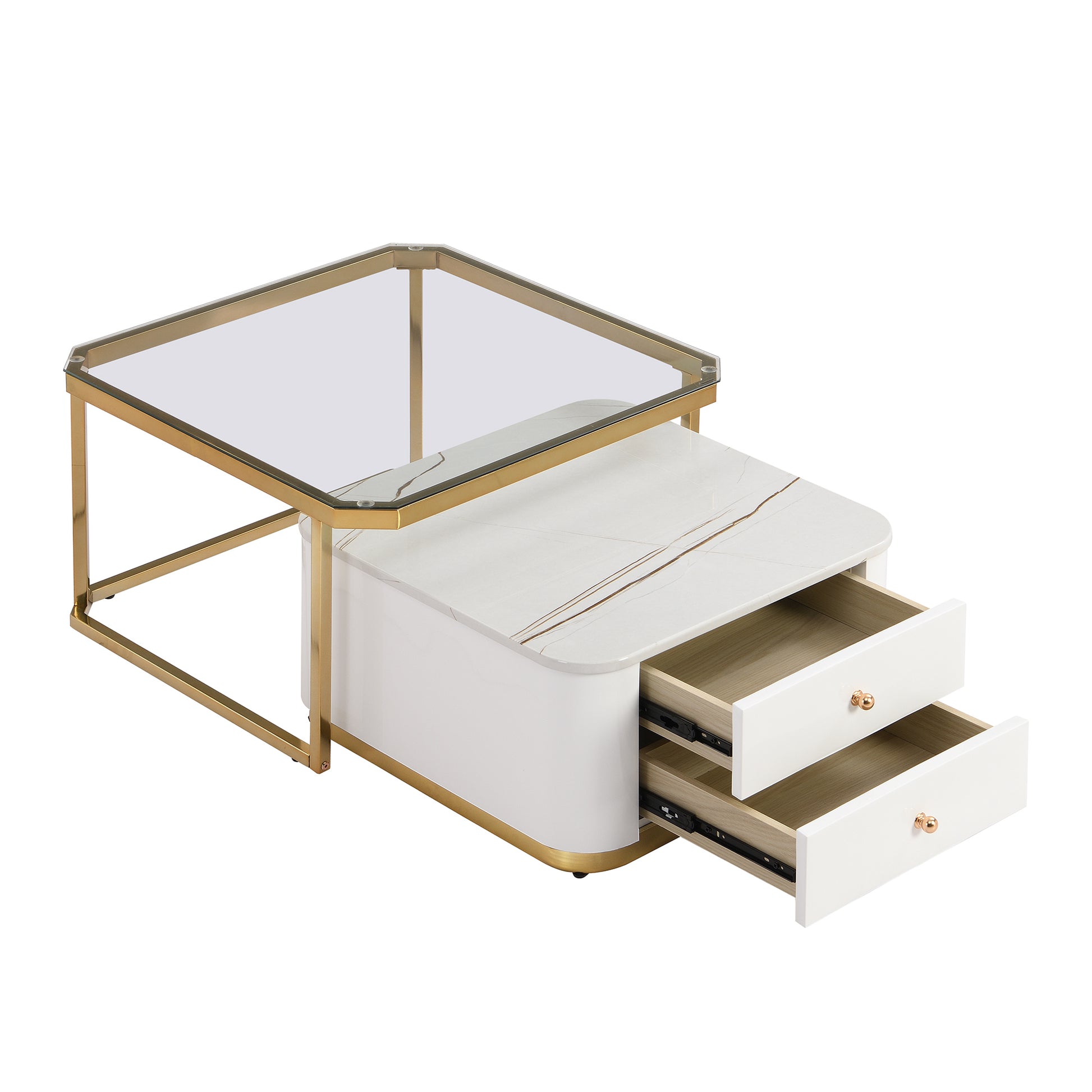 Modern 2 Pieces White  Square Nesting  Coffee Table with Drawers & Electroplated gold legs in 27.6''