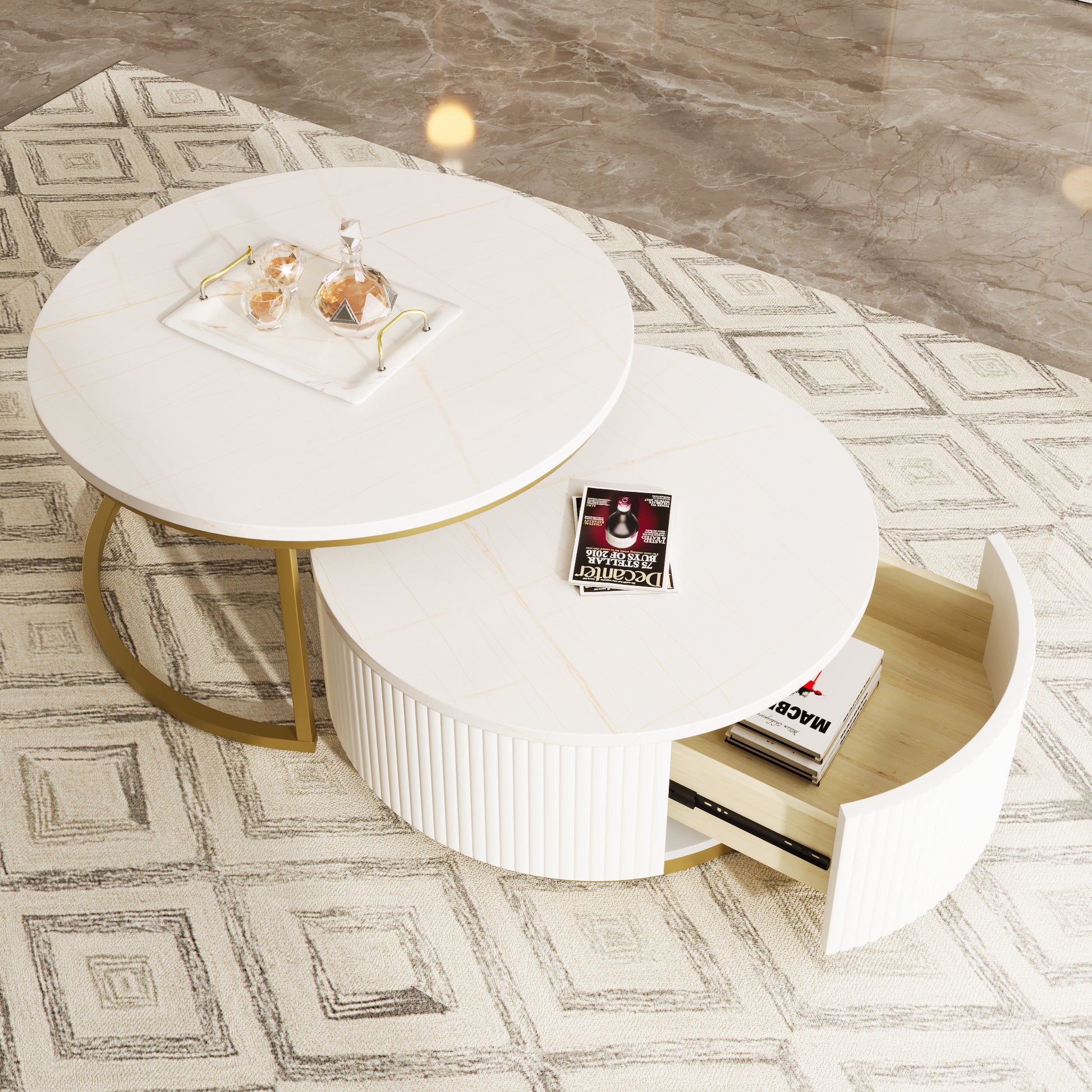 Modern Round Nesting Coffee Table Fluted with Drawer in White & Gold in 31.5''