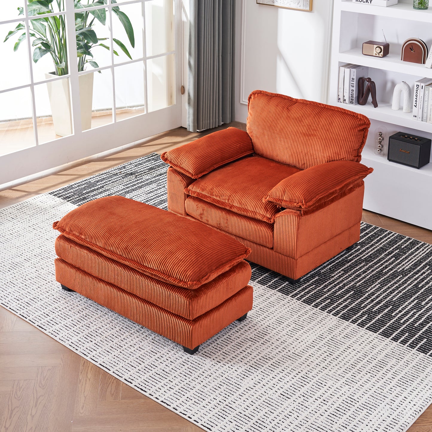 56.3 Inch Corduroy single sofa With  2 toss pillows and a ottoman ,Comfy Sofa- Deep Seat Couch for Living Room