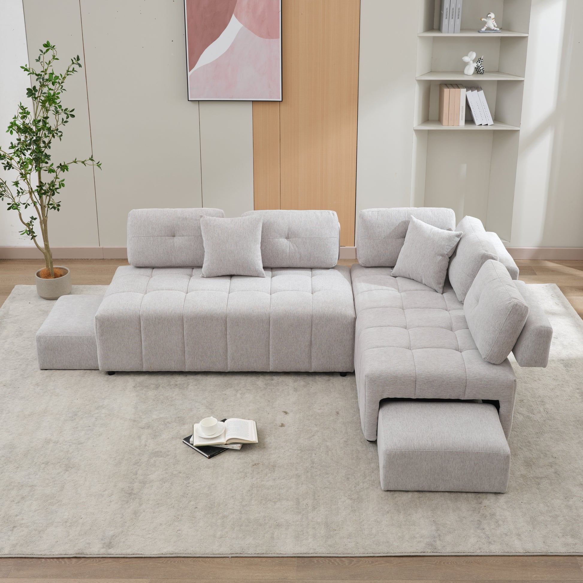 91.73" L-shaped Sofa Sectional Sofa Couch with 2 Stools and 2 Lumbar Pillows for Living Room, Light Grey