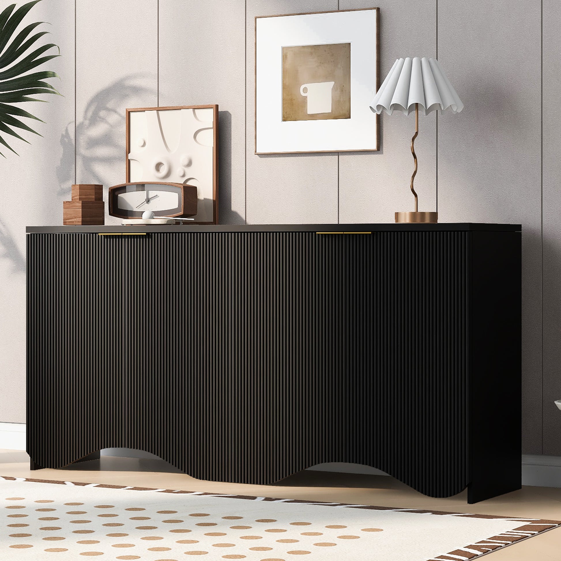 U-Style Vertical Stripes and Wavy Design of a Four-Door Cabinet Cabinet Suitable for Hallway, Entryway, Living Room