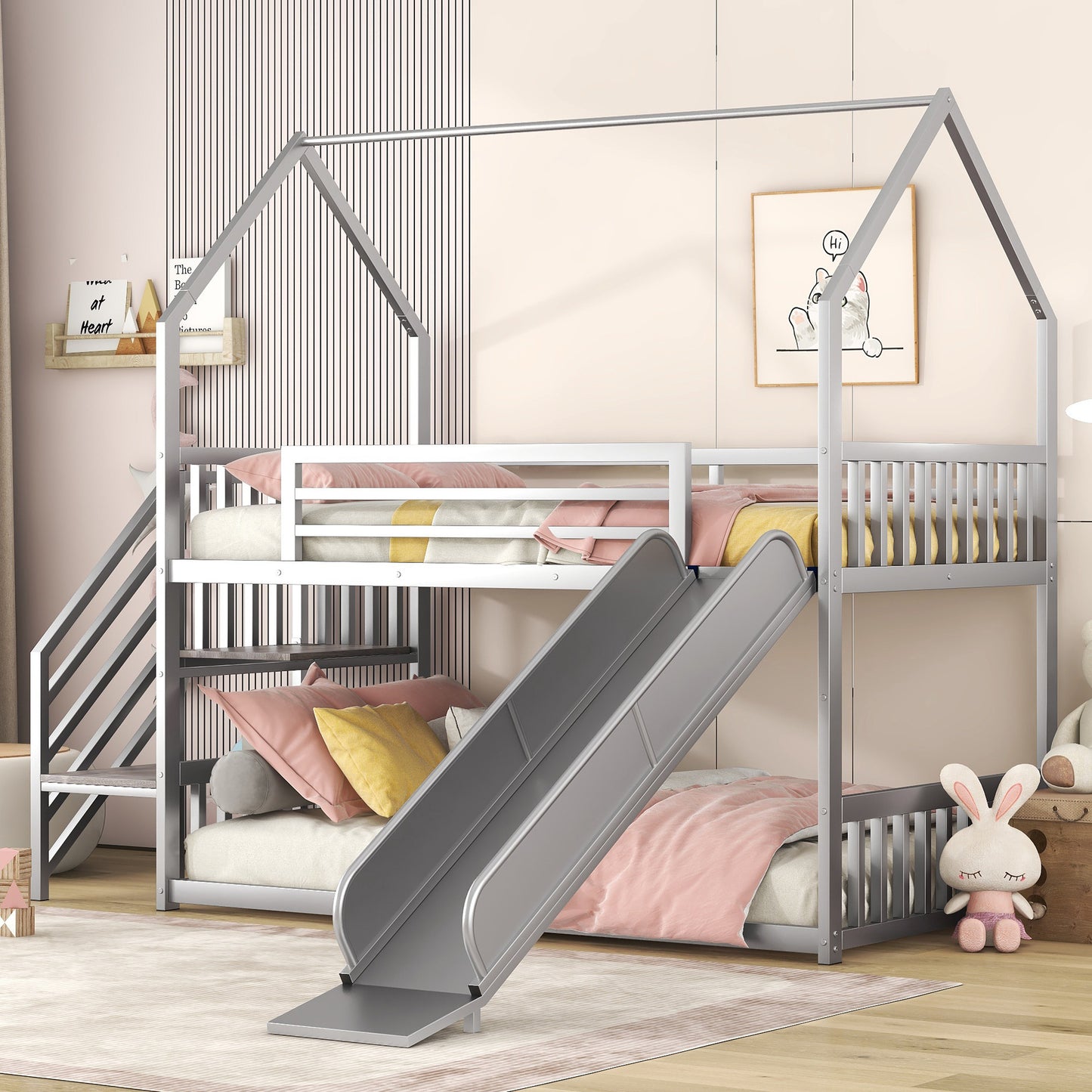 Twin over Twin Metal Bunk Bed House Bed with Slide and Staircase, Silver