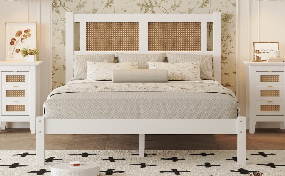 Full Size Wooden Platform Bed with Natural Rattan Headboard, Exquisite Elegance with Minimalist Charm for Bedroom, White