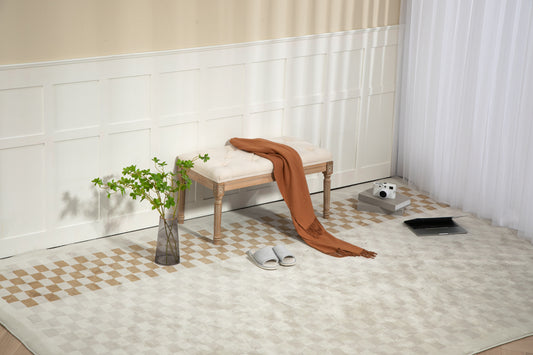 Traditional Rectangle Tufted Ottoman Bench in Beige Linen Look Fabric, For the Living Room and Bedroom