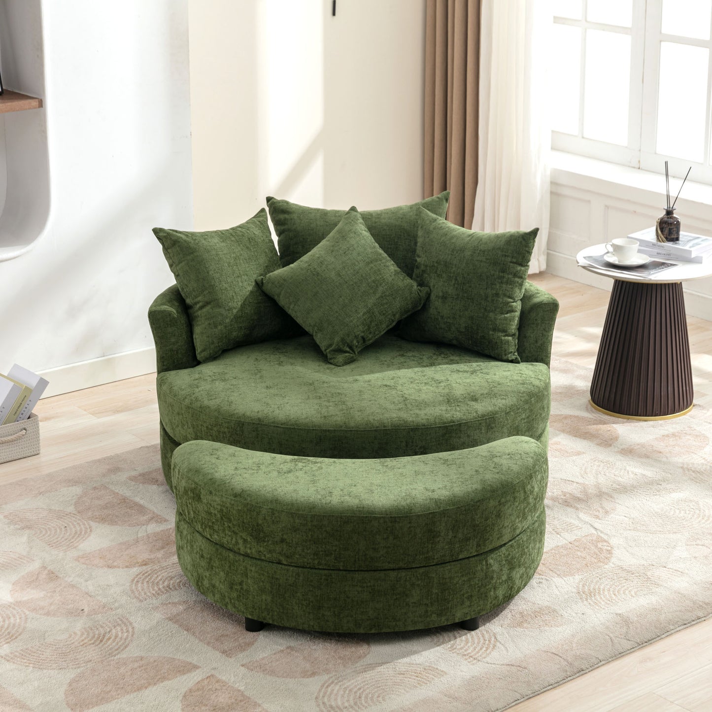 Orisfur. 360° Swivel Accent Barrel Chair with Storage Ottoman & 4 Pillows, Modern Chenille Leisure Chair Round Accent for Living Room, Green