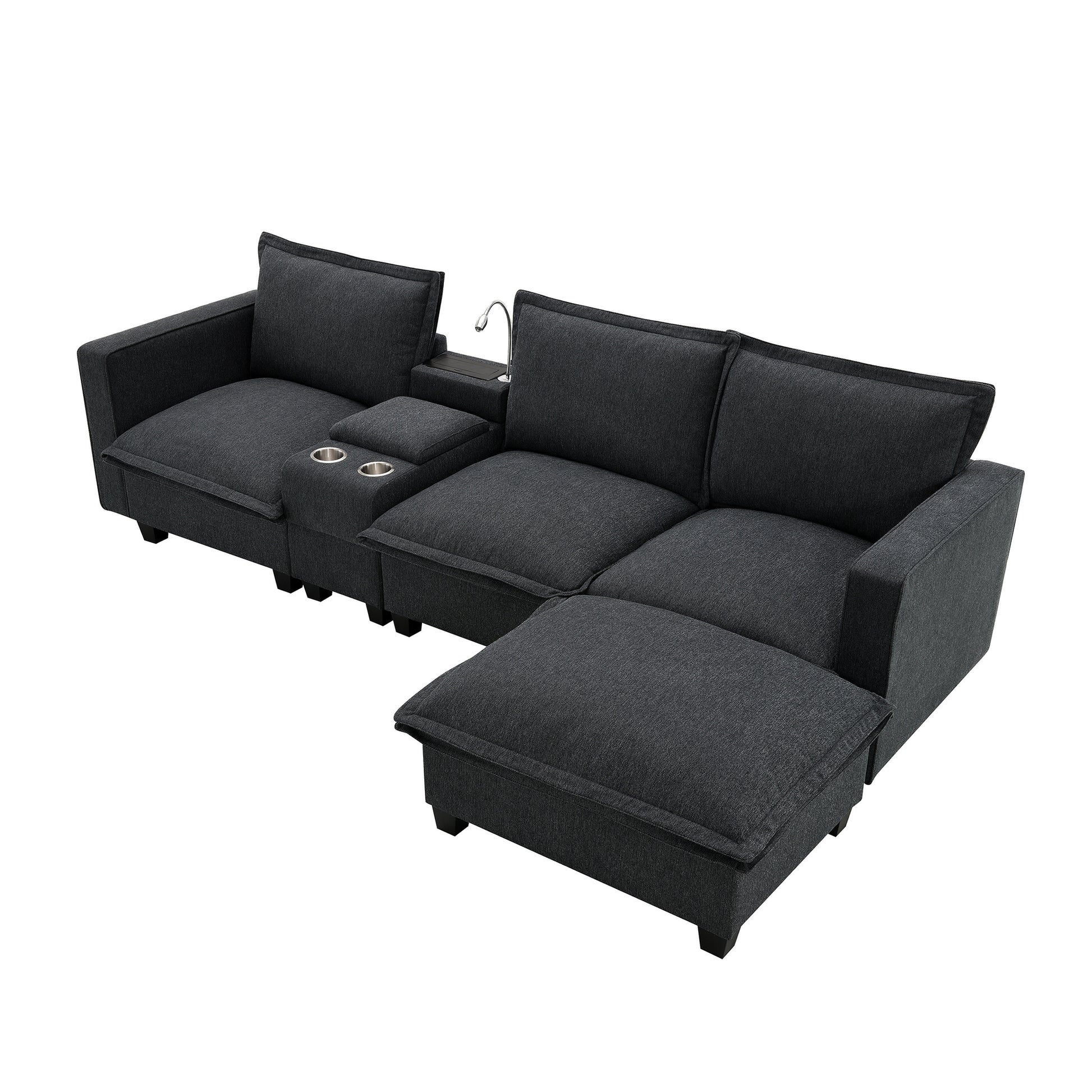 [VIDEO provided][New]109*57"Modern Sectional Cloud Sofa with Console,USB Charging Port,Reading Light,Cup Holder,4 Seat Chenille Modular Couch,Storable Indoor Funiture for Living Room,Apartment,2 Color