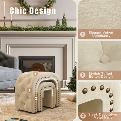 Portable Foot Stool Set Of 2 Soft White Beige Velvet Ottoman For Living Room Couch Rustic Rivets