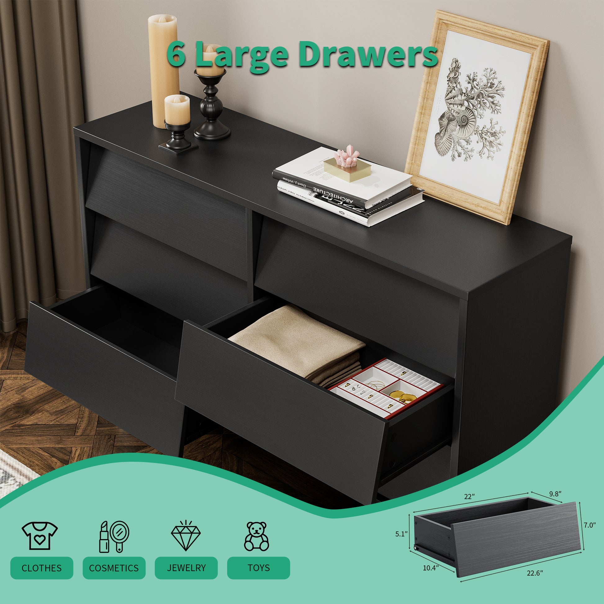 6 Drawer Double Dresser Features Vintage-style and Bevel Design