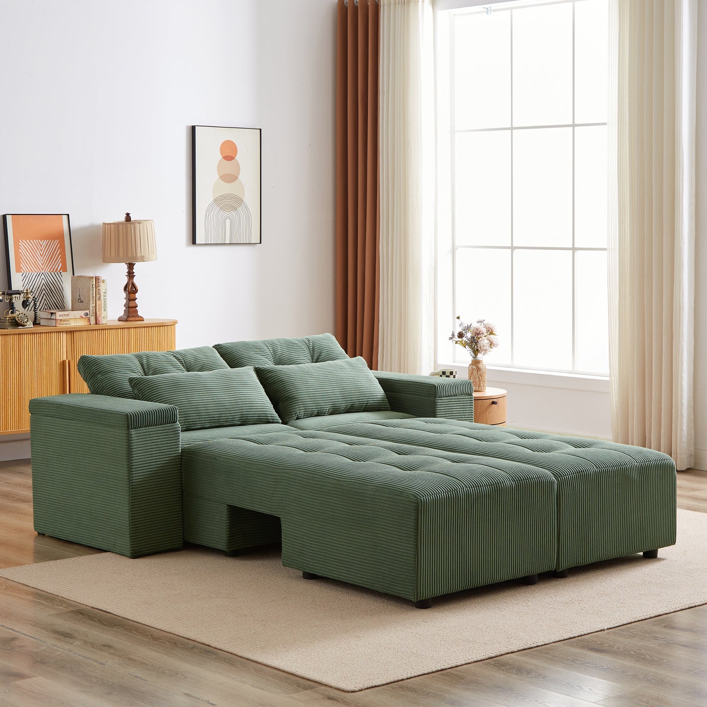 Convertible 3 in 1 Sleeper Sofa and Sectional Sofa with 4 Storage Space for Living Room,Corduroy Couch With 4 pillows,Corduroy