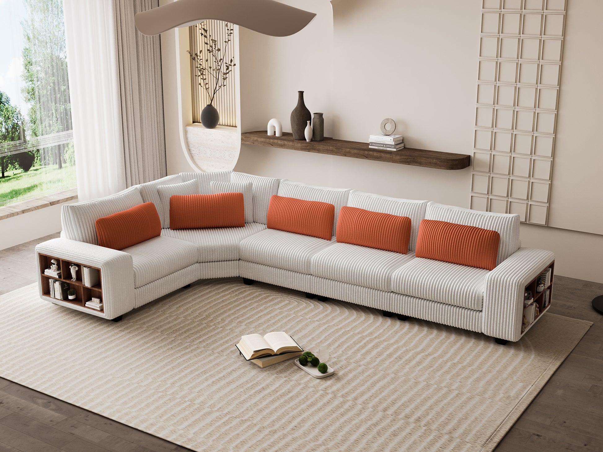 Modular Sectional L-shaped Sofa with Armrest Wooden Frame Locker, Stylish and Comfortable , Cream Style, Beige