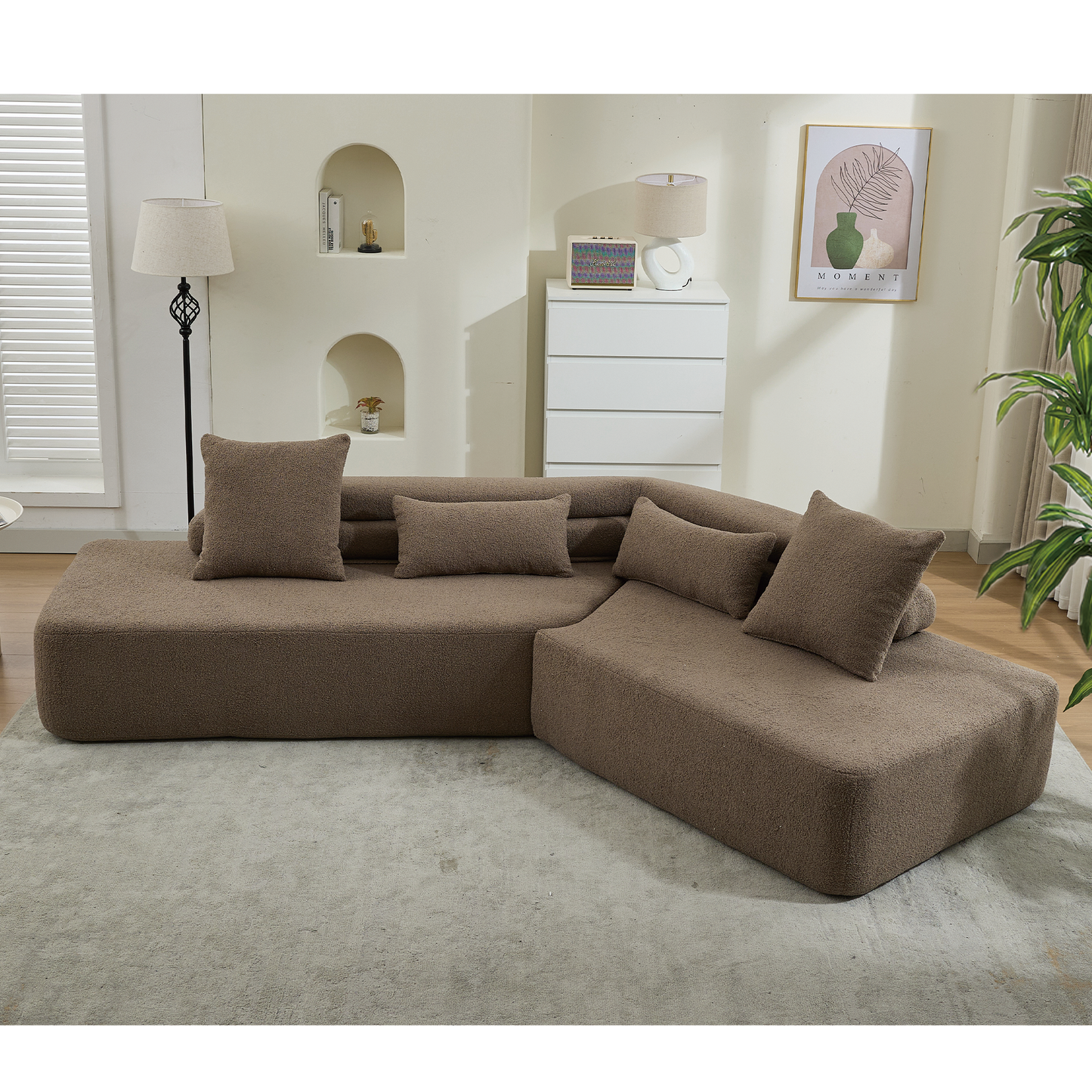 [NEW ARRIVED] [VIDEO PROVIDED] 128"Minimalist Cloud Sectional Couch ,Modern Couches ,4-Seater ,No Assembly,Two modular sofa,Boucle Teddy Fabric, upholstered , anti-wrinkle fabric,Brown