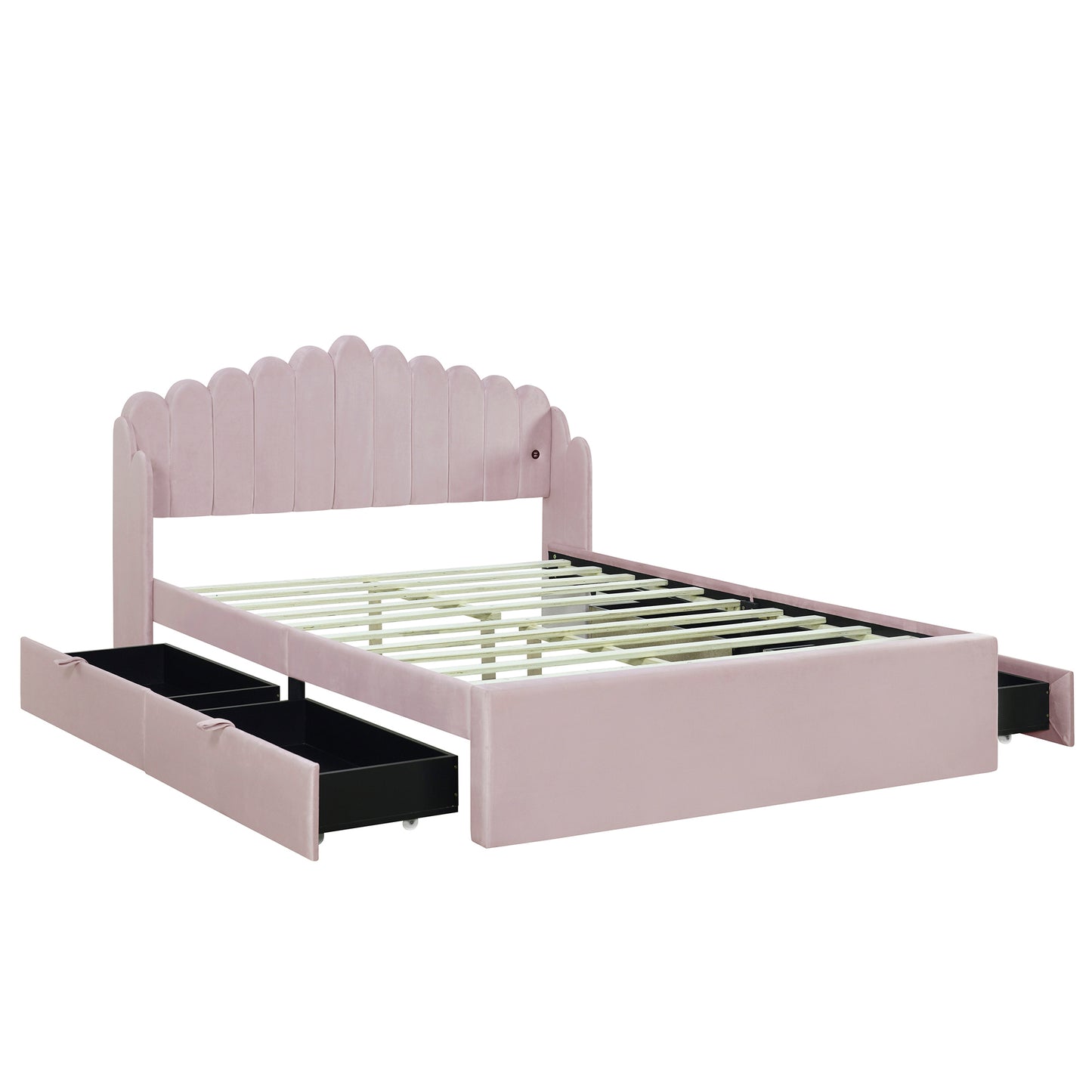 Queen Size Upholstered Platform Bed with 4 Drawers and 2 USB, Pink(Expected Arrival Time: 4.28)