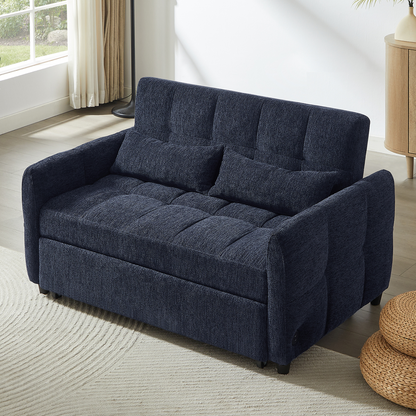 52.8" Loveseat Sofa Pull-out Sofa Bed Tufted Sleeper Sofa with an Adjustable Backrest, Three USB Ports and Two Lumbar Pillows for Living Room, Blue